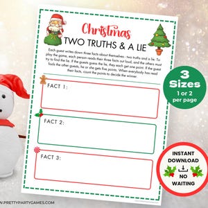 Może przedstawiać: Drukowana karta do gry świątecznej z tytułem "Christmas Two Truths & A Lie". Karta zawiera trzy puste miejsca, w które gracze mogą wpisać fakty o sobie, dwie prawdy i jedno kłamstwo. Karta ma również zielono-czerwoną ramkę z ilustracją choinki i Świętego Mikołaja.