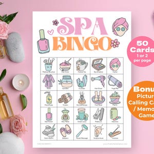 Bingo imprimible para fiesta de spa, 50 coloridas tarjetas de bingo con temática de spa, actividades de cumpleaños de spa para adolescentes, preadolescentes y niñas, fiesta de pijamas, descarga instantánea