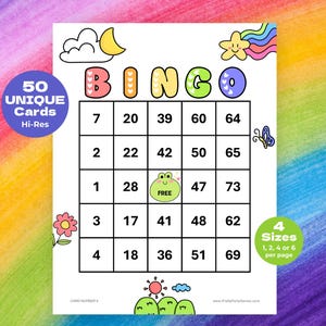 50 kleurrijke bingokaarten voor sociale evenementen, leuke heldere afdrukbare bingokaarten met cijfers, klasverjaardagsfeestjes, direct downloaden