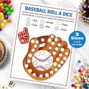 Pode incluir: Um jogo de beisebol imprimível para crianças. O jogo inclui uma luva de beisebol com círculos de diferentes cores. As instruções dizem para rolar um dado e cobrir um círculo colorido para o número que você obtiver. Você pode usar doces, marshmallows ou colorir seus círculos. Quem cobrir toda a sua cena primeiro ganha! O jogo vem em três tamanhos, com um ou dois jogos por página.