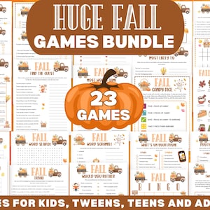 May include: A fall-themed game bundle with 23 games for kids, teens, and adults. The image features various game sheets with fall-related graphics, including pumpkins and trucks. Text includes "Huge Fall Games Bundle" and game titles.