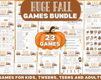 May include: A fall-themed game bundle with 23 games for kids, teens, and adults. The image features various game sheets with fall-related graphics, including pumpkins and trucks. Text includes "Huge Fall Games Bundle" and game titles.