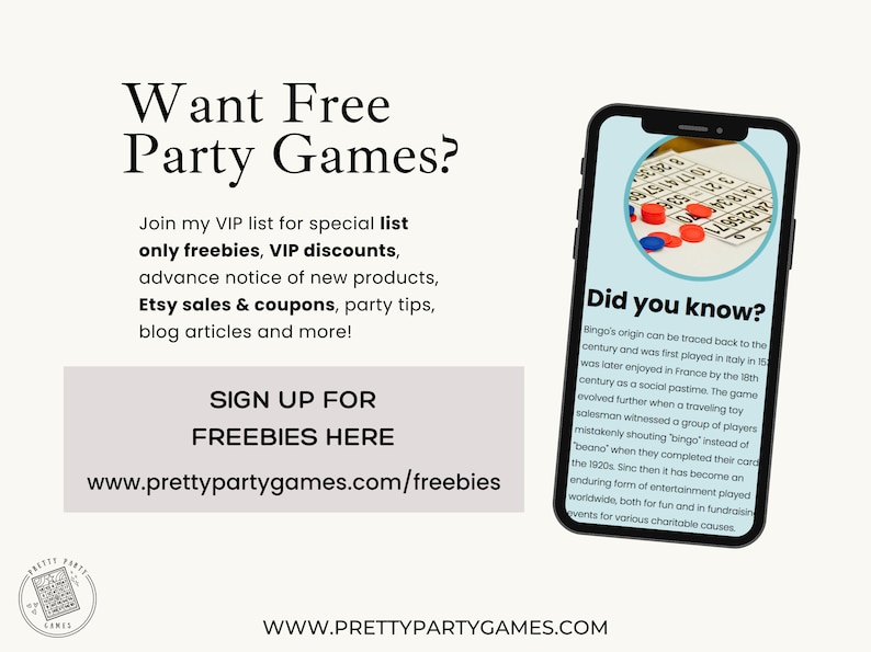 May include: Promotional image for party games. Text reads "Want Free Party Games?" and offers freebies, discounts, and more. A phone displays a bingo game with red and blue chips. Website address is included.