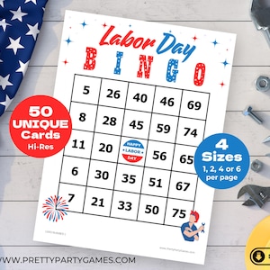 50 Labor Day-bingokaarten met cijfers, 4 maten: 1, 2, 4 of 6 per pagina, leuke Labour Day-feestactiviteit, grote jumbodruk, pdf direct downloaden