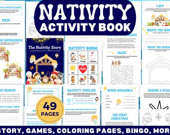 May include: A colorful Nativity Activity Book with the title "Nativity Activity Book" in large, white letters on a blue background. The book includes mazes, coloring pages, and bingo. The book has 49 pages.