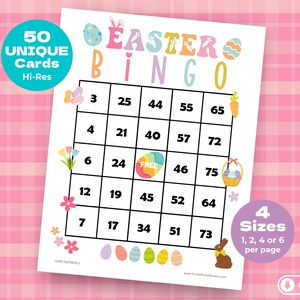 50 Oster-Bingokarten mit Zahlen, Frühlings-Ostern-Bingo zum Ausdrucken für Kinder und Erwachsene, lustige Kirche Sonntagsschulaktivität, Sofort-Download-PDF