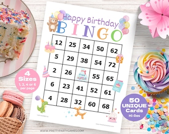 May include: A printable Happy Birthday Bingo card with a pink, purple, and green color scheme. The card features a 5x5 grid with numbers 2-72. The card also includes a free space in the center. The card is surrounded by a border of birthday-themed illustrations.
