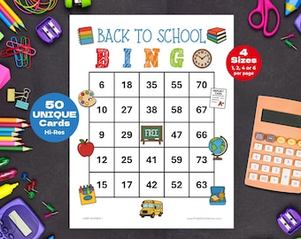 50 Back to School Bingo Cards, Fun Printable Classroom Bingo Cards with Numbers, Family Homeschool Games for Kids & Adults, Instant Download