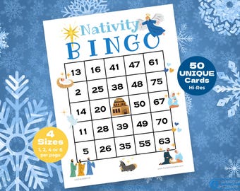 50 Printable Nativity Bingo Cards with Numbers, Nativity Printable Game for Groups, Christmas Bingo Cards with Nativity for Kids & Adults