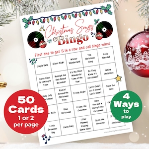 50 druckbare Weihnachtslied-Bingokarten, Büroparty-Urlaubs-Bingospiel, Weihnachtsbingo-Nacht-Wiedergabeliste, 4 Spielmöglichkeiten, digitaler Download
