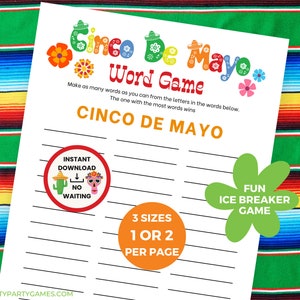 Cinco de Mayo Word Game, Printable Classroom Activity for Kids, Cinco de Mayo Party Games, Mexican Fiesta Word Games For Seniors, Download