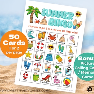 50 cartones de bingo para fiesta en la playa, juego de bingo para fiesta en la piscina imprimible, cartones de bingo de verano, actividades de verano para niños y adultos, descarga instantánea en PDF