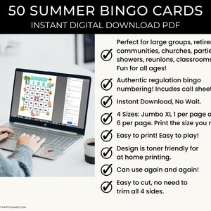 May include: A laptop displays a summer-themed bingo card with colorful graphics. The screen shows a bingo grid with summer-related images and numbers. Text above reads "50 SUMMER BINGO CARDS" and "INSTANT DIGITAL DOWNLOAD PDF".