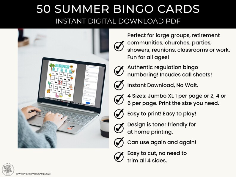 May include: A laptop displays a summer-themed bingo card with colorful graphics. The screen shows a bingo grid with summer-related images and numbers. Text above reads "50 SUMMER BINGO CARDS" and "INSTANT DIGITAL DOWNLOAD PDF".