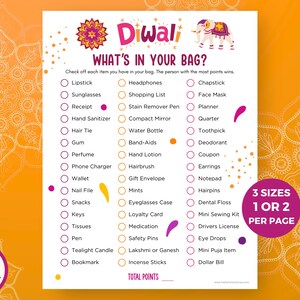 May include: A printable Diwali party game titled "What's in Your Bag?" features a checklist of items like lipstick, headphones, and a quarter. The design includes a floral motif and an illustration of an elephant. The game is available in 3 sizes, 1 or 2 per page.