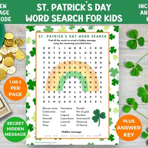 Printable St Patrick Word Search for Kids, Fun St. Patrick’s Day Activities for Holiday Classroom, Decode Hidden Message, Instant Download