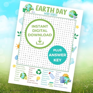 May include: A printable Earth Day word search puzzle with a green and blue cartoon Earth illustration. The puzzle features words related to environmentalism, such as "recycle", "reduce waste", "global warming", and "pollution".