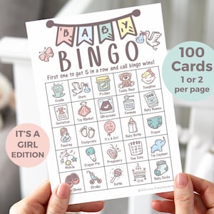 100 Bingo de baby shower para niñas con imágenes, tarjetas de bingo imprimibles, es un juego de revelación de género para niñas, idea de baby shower en colores pastel, descarga instantánea