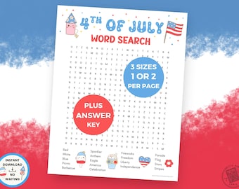 May include: A printable 4th of July word search puzzle with a red, white, and blue theme. The word search includes patriotic words and phrases. The design features a flag, fireworks, and other festive graphics. The text says "4th of July Word Search".