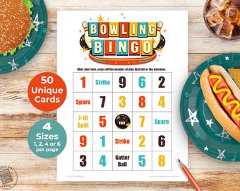 May include: A printed Bowling Bingo game card with the title "Bowling Bingo" in a retro design. The card includes numbers, bowling terms, and instructions. The image also shows food and drinks, including a hamburger, hot dog, and soda.