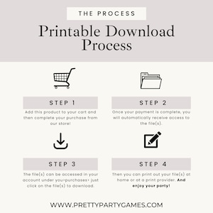 May include: Infographic detailing the printable download process. Steps include adding to cart, completing purchase, accessing files, and printing. The design features icons like a shopping cart, file folder, and pencil. The Pretty Party Games logo is in the bottom left.