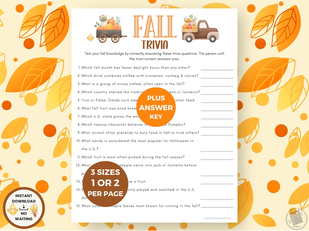 Fall Trivia Game Questions, Printable Autumn Harvest Themed Trivia Game ...
