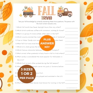May include: A printable Fall Trivia game with a pumpkin theme. The design includes illustrations of pumpkins in a wagon and truck, with fall leaves and orange polka dots. The game includes 15 trivia questions.