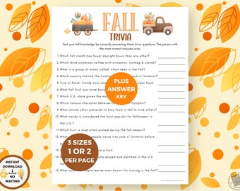 May include: A printable Fall Trivia game with a pumpkin theme. The design includes illustrations of pumpkins in a wagon and truck, with fall leaves and orange polka dots. The game includes 15 trivia questions.