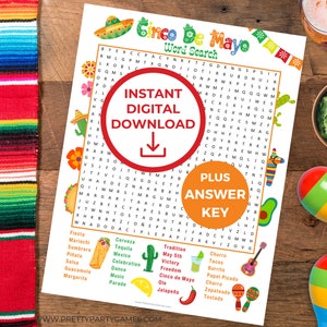 Búsqueda de palabras del Cinco de Mayo imprimible, Juegos imprimibles del Cinco de Mayo para adolescentes, adultos y personas mayores, Juegos de fiesta, Rompecabezas de palabras Descargar PDF