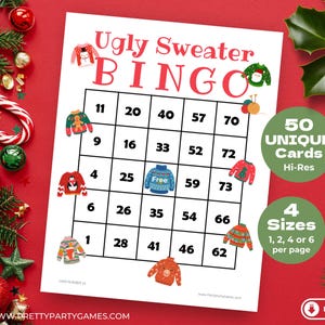 50 cartões de bingo de suéter de Natal feio com números, jogos divertidos de festa de suéter de Natal feio para grupos, jogos de festa de fim de ano de escritório para adultos