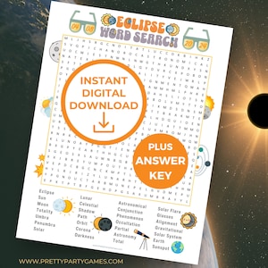 April 8 2024 Total Solar Eclipse Game, Solar Eclipse Word Search Puzzle for Kids + Adults, Printable Classroom Activity, Solar Eclipse Party