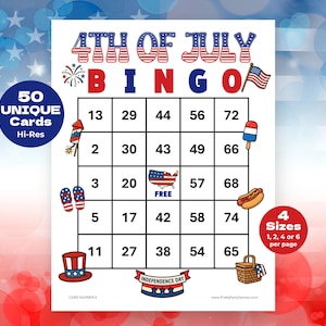 50 tarjetas de bingo del 4 de julio, juegos de fiesta del Día de la Independencia para grupos, tarjetas de bingo patrióticas del 4 de julio en rojo, blanco y azul con números para barbacoa.