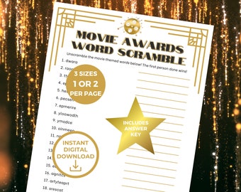 May include: A printable movie-themed word scramble game with a gold star and film reel design. The game includes three sizes, one or two per page, and an answer key.  The text on the page reads "Movie Awards Word Scramble".
