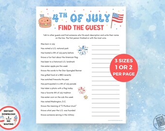 May include: A printable 4th of July party game with a patriotic theme. The game features a list of prompts for guests to find others who fit the descriptions. The design includes a hamburger, fireworks, and a waving American flag.