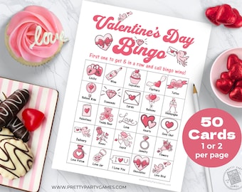 Printable Valentines Day Bingo Cards, Digital Valentines Bingo With Pictures, 50 Unique Bingo Cards, Digital Download PDF, Adult Party Games