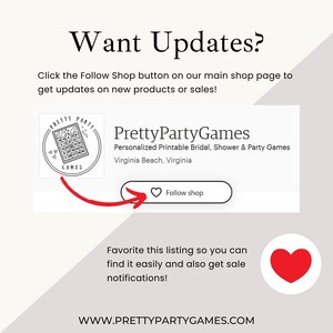 May include: Image promoting PrettyPartyGames, a shop specializing in personalized printable bridal, shower, and party games. The image includes the shop's logo, a call to action to follow the shop, and a heart icon to favorite the listing for sale notifications.