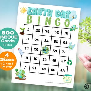 May include: A printable Earth Day Bingo card with a green and blue color scheme. The card has a free space in the center and 24 other spaces with numbers from 2 to 73. The card also has a small image of a bee, a plant, a water bottle, a recycling symbol, and a globe in the corners.