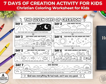 Seven Days of Creation Coloring Page for Kids, Christian Activity Worksheet, Sunday School Bible Printable, Genesis Creation Story