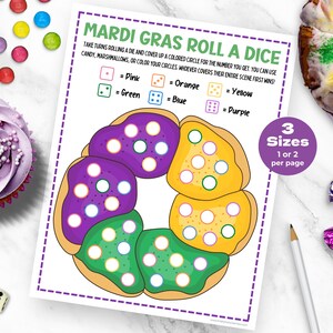 Mardi Gras Roll A Dice Game, King Cake Candy Dice Game Afdrukbaar, dinertafelspellen, Mardi Gras Party Games voor kinderen, Instant Download PDF
