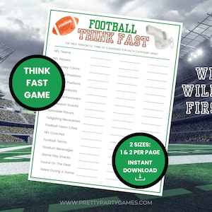 Football Think Fast Game, Fun Football Games for Kids & Adults, Football Watch Party, Printable Football Party Games, Digital Download PDF