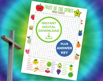 Fruit of the Spirit Word Search Game, Bible Activity for Kids & Adults, Fun Sunday School Games, Printable Word Search Puzzle and Solution