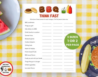 May include: A printable BBQ game sheet with the text "THINK FAST" and categories like "BBQ condiments" and "Things you grill." The image includes a watermelon slice, a burger, and a pickle on a plate. The game is available in 3 sizes.