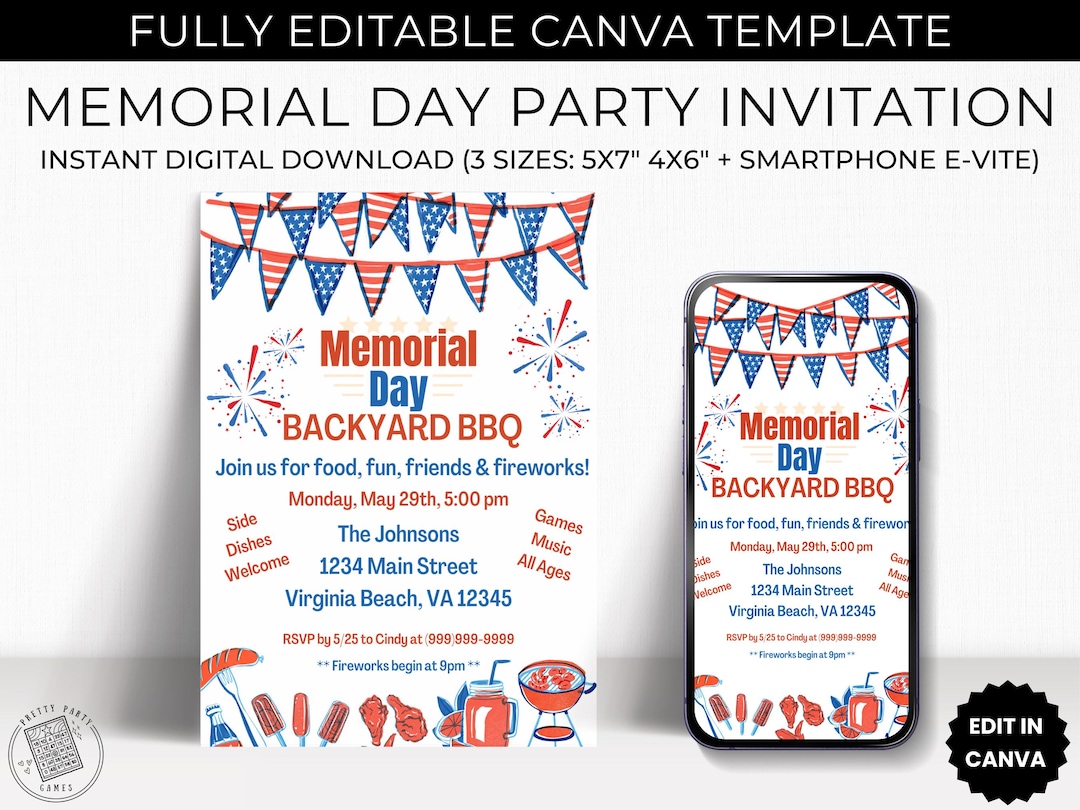 Editable Memorial Day Party Invitations Template Download, Digital ...
