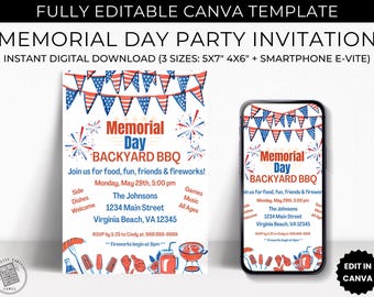 Editable Memorial Day Party Invitations Template Download, Digital Canva Template Printable Invites, Great for BBQ Cookout Pool Party Picnic