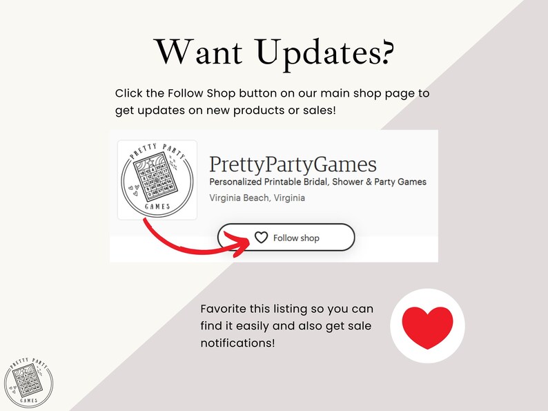 Może przedstawiać: Obraz z tekstem: "Want Updates?" i "Kliknij przycisk Obserwuj sklep na naszej stronie gł&oacute;wnej, aby otrzymywać aktualizacje dotyczące nowych produkt&oacute;w lub wyprzedaży!" Zawiera logo sklepu i przycisk "Obserwuj sklep". Obecna jest r&oacute;wnież ikona czerwonego serca.