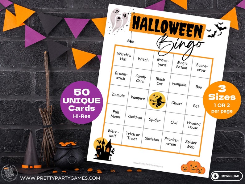 50 Halloween Themed Bingo Cards, Cute Bingo Game for Kids, Classroom Halloween Activities