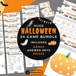 May include: A printable Halloween game bundle with 24 games, answer keys, and prizes. The games include "True or False", "Roll a Pumpkin", "Two Truths and a Lie", "Word Scramble", "What's on Your Phone", "Word Search", "Selfie Scavenger Hunt", "All Things Orange", "Would You Rather", "Candy Dice Game", "Costume A-Z Race", "Emoji Game", "Find Someone Who", "Finish the Phrase", "What's Your Witch Name", "Horror Movie Trivia", "Most Likely To", "Think Fast", "Find the Guest", and "Roll a Pumpkin".