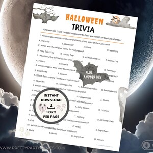 May include: Halloween trivia game with questions about vampires, werewolves, and other spooky topics. The printable game features a bat graphic and the text "Instant Download 1 or 2 per page".