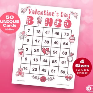 50 druckbare Valentinstag Bingo Karten mit Zahlen, Klassenzimmer Urlaub Partyspiel, kindgerechtes Design, extra großer Druck, Sofort Download