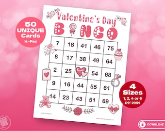 50 utskrivbara alla hjärtans dag-bingokort med nummer, klassrumsfestspel, barnvänlig design, extra stor stil, direktnedladdning